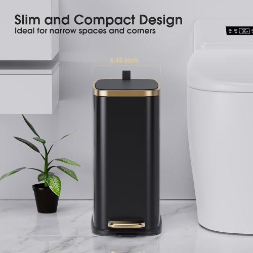 CEROELDA Small Bathroom Trash Can with Lid Soft Close-5L/1.3 Gal Slim Garbage Can-Metal Step Wastebasket-Rectangle Narrow Waste Bin for Office, Bedroom, Toilet, Live Room (Black)