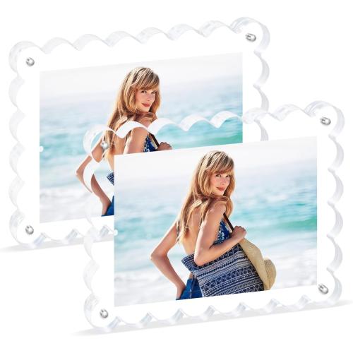 2Pack Acrylic Magnetic Photo Frame 5x7 Inch - Sleek Scalloped Design, 10 10mm Thick Crystal Clear Block, Freestanding Double-Sided Magnet |Trendy Home Gift (2 Pack, 5X7)