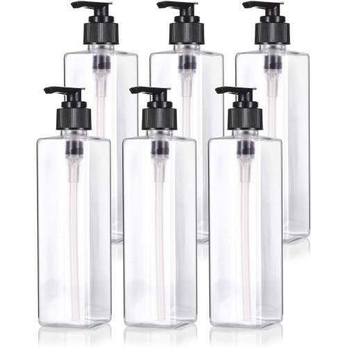 JUVITUS 8 oz Clear Plastic Square Bottle with Black Lotion Pump (6 pack)