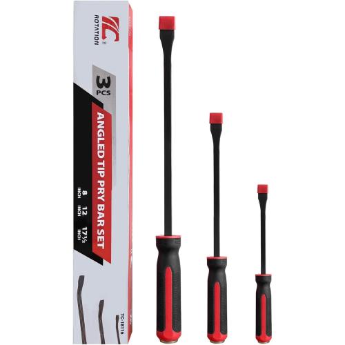 Black and Red ROTATION Pry Bar Set, Strike Cap Handle, Angled Tip, Rust proof finish, Machanic Tools for prying, scraping, lifting, pulling | 3pcs Hand Tools Set
