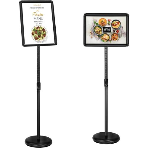 Black 8.5x11 Heavy Duty Floor Sign Stand Adjustable Pedestal Sign Holder Stand, Poster Stand Aluminum Snap Open Frame for 8.5X11 Inches with Heavy Round Base, Both Vertical and Horizontal Sign Displayed