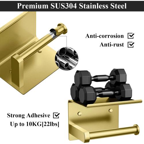 Tindbea Toilet Paper Holder with Phone Shelf, Adhesive or Screw Wall Mount Toilet Tissue Roll Holder, Rustproof & Multifunctional Stainless Steel Bathroom Storage Dispenser (Brushed Gold)