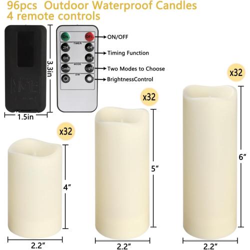 Set of 96 Flameless Led Battery Opeated (D2.2'' x H4''5''6'') Waterproof Outdoor Indoor Candles with 10-Key Remotes and Cycling 24 Hours Timer