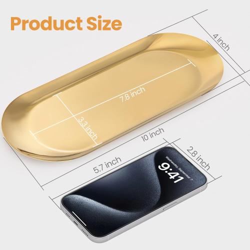 Gold Decorative Tray, 2 PCS Bathroom Vanity Tray for Dresser Counter, Elegant Jewelry Dish Tray for Decor, Gold Platter Serving Tray Organizer for Perfume Trinket Key Candle, Stainless Steel, Oval