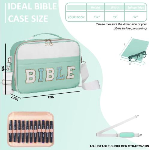 Bible Cover Case for Women, Large Chenille Letter Bible Carrying Case with Shoulder Strap, Church Bible Tote Bag for Woman Lady Teen Grils, Bible Totes for Bible Study Accessories-Green