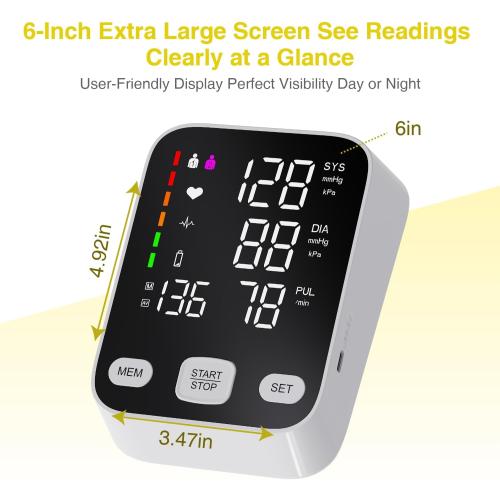 Upper arm Blood Pressure Monitor, 6-Inch Large Backlit Display for home