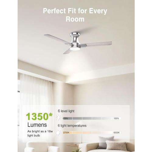 DAMINY 42 inch Ceiling Fans with Lights,3 Blades,6CCT, Low Profile Ceiling Fan with Light and Remote Control,Ceiling Fan for Bedroom, Kitchen,Indoor/Outdoor Use,Flush Mount-Nickel