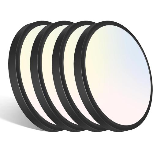 libtit 12 inch Flush Mount LED Ceiling Light Fixture, 3000K 4000K 6500K Adjustable, 28W 3200lm Black Round Lighting Fixtures for Bathroom Shower Hallway Kitchen, 4 Pack