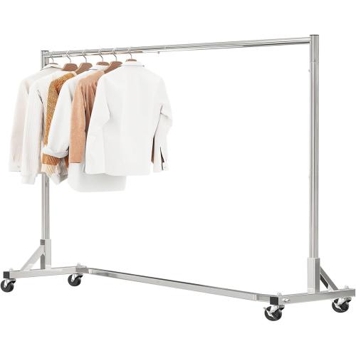 Simple Trending Industrial Grade Z Base 70in extra long Clothes Garment Rack, Commercial Grade Rolling Clothing Rack, Heavy Duty 600lb Load with Wheels, Chrome