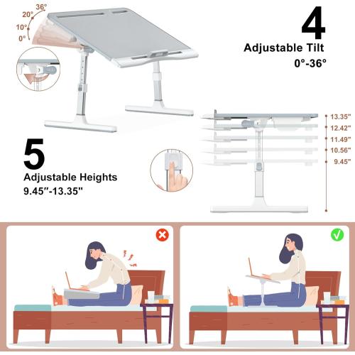 Laptop Stand for Bed, Potuopy Leather Adjustable Bed Desk Table Tray, X-Large Folding Lap Desk with Drawer for Eating Writing Drawing Working on Couch Floor, Grey