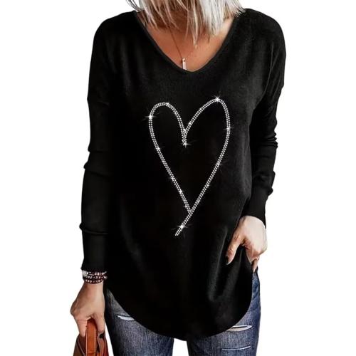 Size Medium Color Black VKEGNIO Rhinestone Heart V Neck Shirts Womens Funny Heart Printed Pattern Pullover Casual Loose Long Sleeve Tunic Shirt Tops