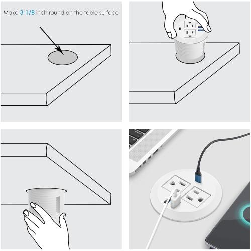 Jgstkcity 2-in-1 Desktop Power Grommet with USB-C Output, 125V, 12A, 2 AC Outlets, 3 USB Charging Ports, White