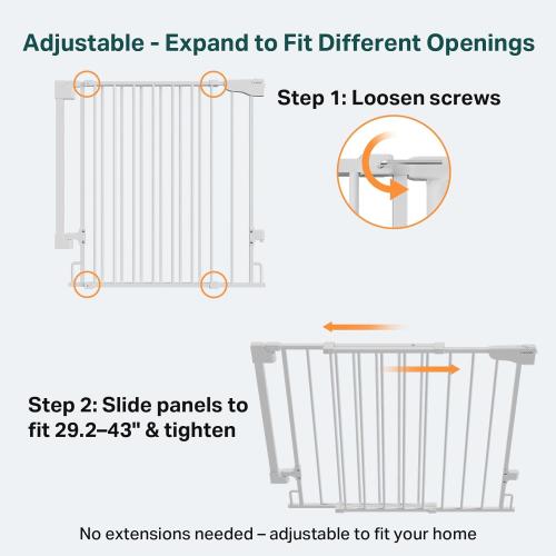 Cumbor 34 Extra Tall No Bottom Bar Baby Gate for Stairs, Hardware Mounted Dog Gate Indoor for Larger Pets, Expandable 29.2-43 Safety Gate for Doorways, Wide Walk Thru Door for Easy Access (White)