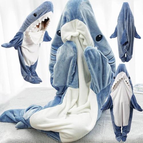 Size Medium Color Blue Shark Blanket Hoodie Onesie for Adult & Kid, Wearable Shark Sleeping Bag, Soft Cozy Onesie Costume