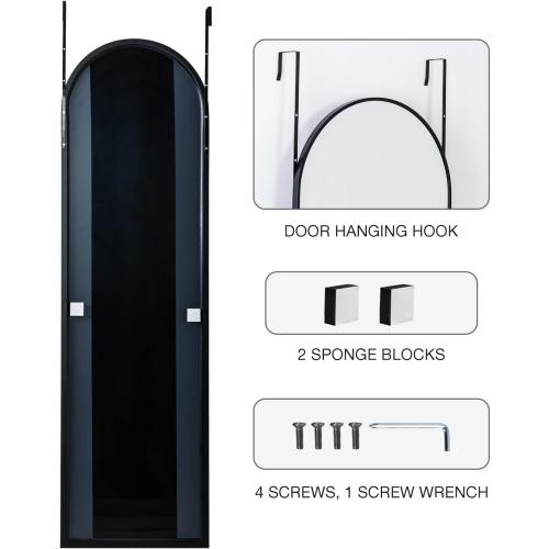 KOMCOTE Full Length Mirror 48x14 Inches - Over The Door Hanging Mirror for Bedroom, Living Room, Closet - Arch Floor Mirror, Door Mirror with Black Frame - No Drill Easy Install