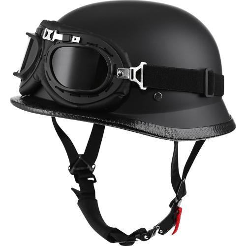 Motorcycle Half Helmet - German Style Vintage Skull Cap for Men and Women- Adjustable Quick Release Buckle - DOT Approved (XX-Large, Matte Black & Black & Black Goggles)