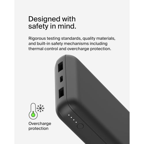 Belkin Portable Charger, USB-C Power Bank 20000 mAh w/ 2 USB-A Ports, 15W w/ Type-A to Type-C Cable - iPhone 17, Air, Pro, Pro Max, AirPods, Apple Watch, Samsung Galaxy S25, Google Pixel 10 - Black