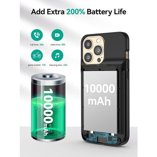 NEWDERY 10000mAh Battery Case for iPhone 14/14 Pro/13/13 Pro 6.1, Qi Wireless Charging & Wired Headset & Sync-Data Supported, Portable Protective Charger Cover (NOT for iPhone 14/13 Pro Max)