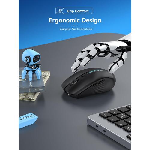 Black Bluetooth Wireless Mouse - (BT1/BT2 USB) Tri-Mode High Performance, Rechargeable, Quiet Click, Multi-Device Compatibility for Laptop, Computer, MacBook, Tablet, PC (Black)