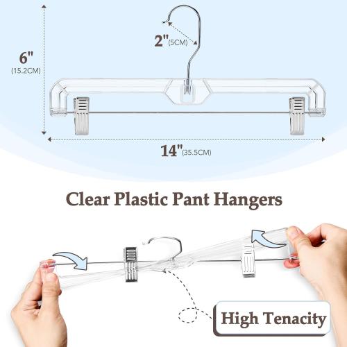 HOUSE DAY Clear Pants Hangers with Clips 25 Pack, Non-Slip Skirt Hangers for Women, Upgraded Heavy Duty Plastic Clip Hanger for Pants, Trousers, Jeans, 14 Short Hanger, 360-Rotating Swivel Hook