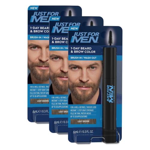 Just for Men 1-Day Beard & Brow Color, Temporary Color for Beard and Eyebrows, For a Fuller, Well-Defined Look, Up to 30 Applications, Light Brown, Ships in Eco-Friendly Packaging (Pack of 3)