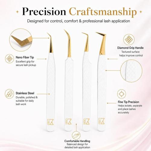 M LASH Tweezers, Eyelash Extensions Set of 4 | White