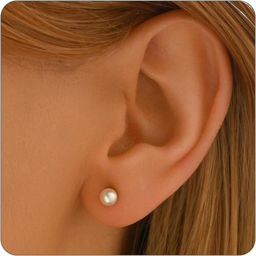 Pearl Stud Earrings for Women Gold/Silver Plated 3mm 4mm 5mm 6mm 8mm Pearl Earrings Dainty Hypoallergenic Earrings