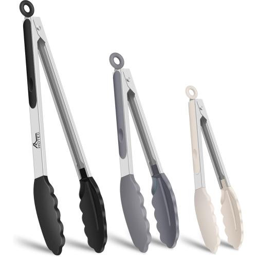 HOTEC Premium Stainless Steel Locking Kitchen Tongs with Silicon Tips, Set of 3-7, 9 and 12 (Black,Grey,Khaki)