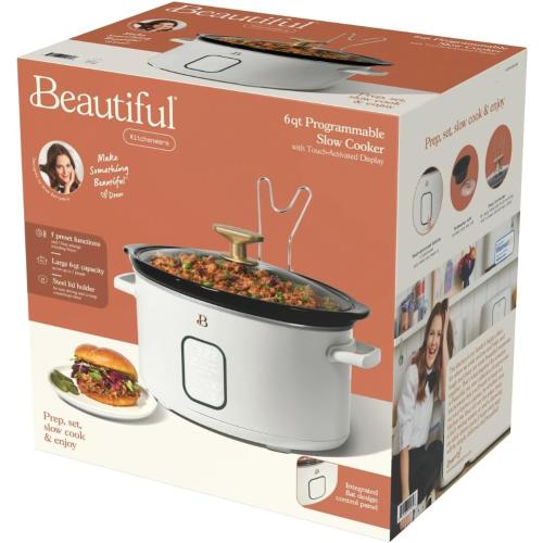 6 Qt Programmable Slow Cooker with Digital Timer, 5 Cooking Functions, Removable Ceramic Pot and Tempered Glass Lid, Dishwasher Safe (White Icing)