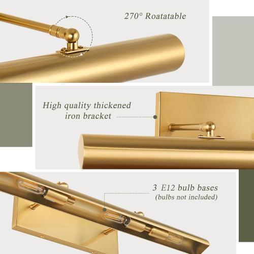 BELS Picture Lights for Wall Hardwired, 24 Inch Gold Wall Lights for Pictures,3-Light 2700k,Non-Dimmable, 270° Adjustable Swing Arm, Hardwired Wall Light for Artwork Poster Portrait Library Display
