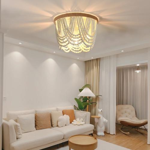 Boho Wood Beaded Chandelier, Flush Mount Ceiling Light,Farmhouse Rustic Jute Wooden Bead Chandeliers Fixture for Drawing Room，Bedroom,Hallway, Entryway,Dining Room(3-Light)