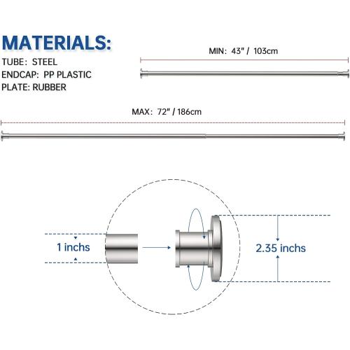 BRIOFOX Industrial Shower Curtain Rod - Never Rust Non-Slip 43-72 Inch 304 Stainless Steel, Brushed Nickel