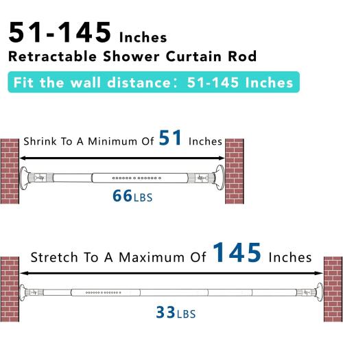 Tension Curtain Rod, 51-145 Inches,Spring Shower Tension Curtain Rod, Closet Rod, for Windows or Shower, Easy to Install, No Drilling, No Rust, for Bathroom, Rod Diameter 1.26 Inches, Black,Umimile