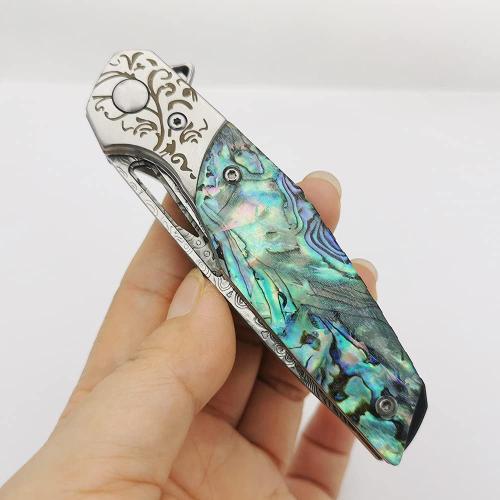 Pocket Knife Damascus Steel Blade, Abalone Shell Handle, Ball Bearing Pivot, Sheath & Pocket Clip for Everyday and Outdoor Camping EDC tool Excellent Gift
