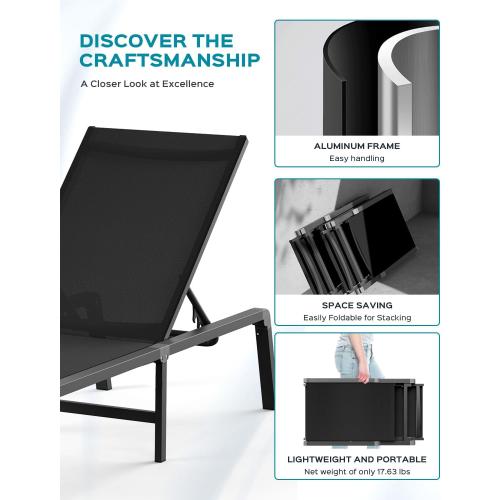 Ciokea Aluminum Chaise Lounge Ourdoor, Foldable & Assemble Free Outdoor Lounge Chair with 5 Adjustable Backrest, Patio Lounge Chair for Outside Poolside Beach Pool, Black