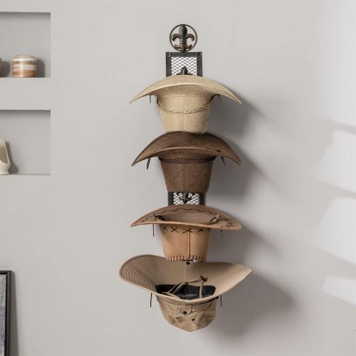 Size 13.8x32.6 Color brown Cowboy Hat Rack for Wall, Metal Fleur-De-Lis Cowboy Hat Holder for 4 Hats, Vertical Western Hat Rack Wall Mount, Rustic Fold-Up Wall Hanging Decorative Hat Racks, 13.8”W x 32.6”H