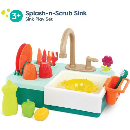 B. toys – Sink Play Set – Toy Kitchen Sink – Faucet & Running Water, Dishes, Play Food – Pretend Play Set For Kids – 3  Years– Splash – n – Scrub Sink