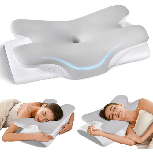 Grey and White Cervical Neck Pillow for Neck Shoulder Pain Relief, Soft Contour Side Sleeper Pillow of 2 Heights, Odorless Q-max Cooling Memory Foam Orthopedic Bed Pillow for Back Stomach Sleeper
