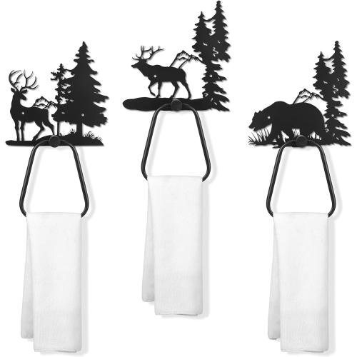 Peryiter 3 Pcs Bear Towel Holder Rustic Towel Racks Cabin Bathroom Decor Black Bear Deer Wipe Ring Wall Decorations Farmhouse Kitchen Gifts