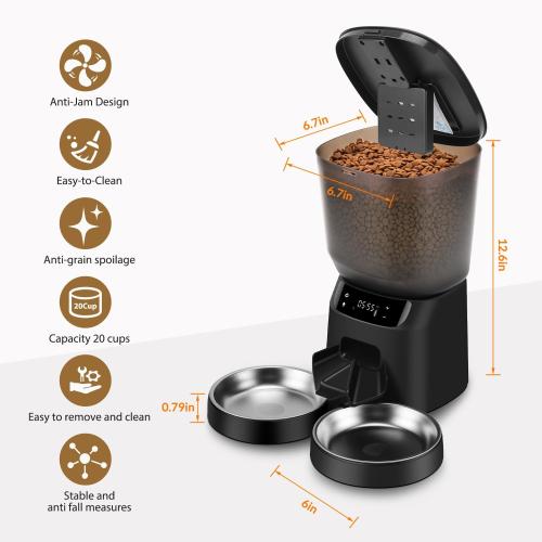 Automatic Cat Feeders for Two Cats, 5L/20 Cups Double Automatic Cat Food Dispenser with 2 Stainless Bowls,10s Meal Call and Timer Setting 20 Portions 6 Meals Per Day,Pet Feeder for Dog Black
