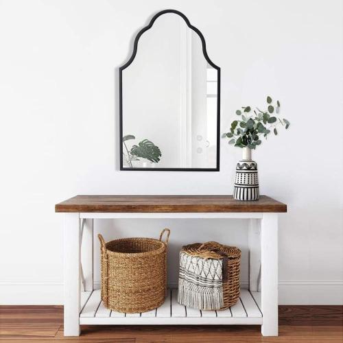 Chende Black Bathroom Mirror for Over Sink, 32X20 Arched Mirrors with Scalloped Wooden Frame, Elegant Decorative Mirror for Living Room, Dining Room, Entryway