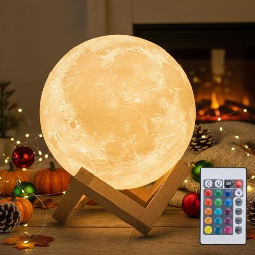 Mydethun 3D Moon Lamp with 16 Colors, 148 Lighting Modes, 15cm Rechargeable Dimmable Night Light with Wooden Stand – Unique Gift for Women, Mothers, Children, Bedroom, Tabletop