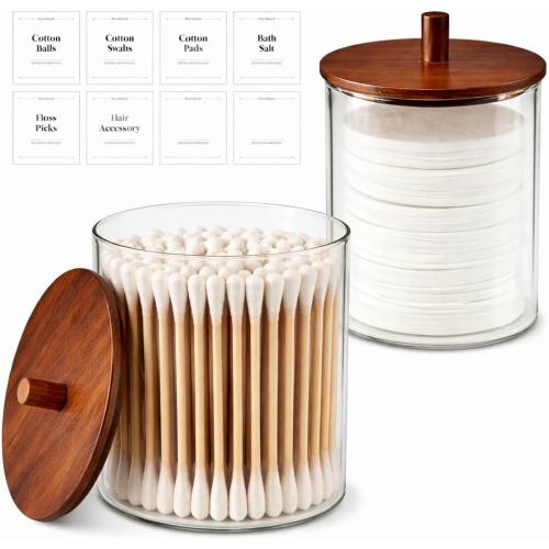 15oz & 10oz Glass Qtip Holder with Acacia Wood Lids, 2 Pack Apothecary Jars