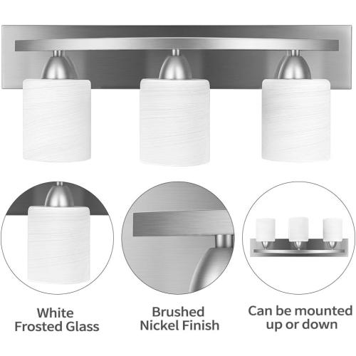 Bathroom Vanity Light Fixture - Over Mirror - Modern Glass Shade - Brushed Nickel, E26 Base, 3-Light