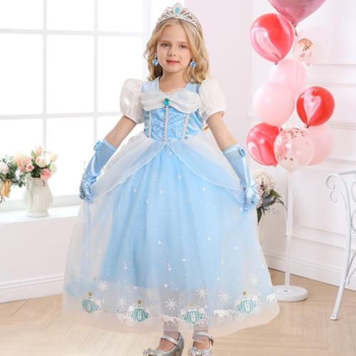 4-5T Girls Princess Dress Kids Halloween CarnivParty Cosplay Costume Toddler Puffy Sleeve Blue Fancy Outfit