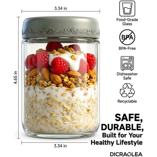 16oz 4Pack Glass Overnight Oats Jars Containers with Airtight Leakproof Lids, Reusable Mason Jars for Meal Prep, Yogurt Parfaits, Smoothies, Salads & Healthy Breakfasts (16 OZ-4-2)