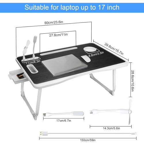 Laptop Bed Table, Laptop Desk for Bed, Foldable Laptop Bed Desk with USB Charge Port, Handle, Desktop Card Slot, Cup Slot, Side Drawer, Portable Laptop Table for Bed Eating Reading Working