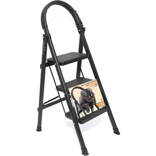 3 Step Ladder, Folding Step Stool with Wide Anti-Slip Pedal, Sturdy Step Ladder Foldable, Lightweight Portable Steel Step Stool for Kitchen, Home (Black, 3-Step)