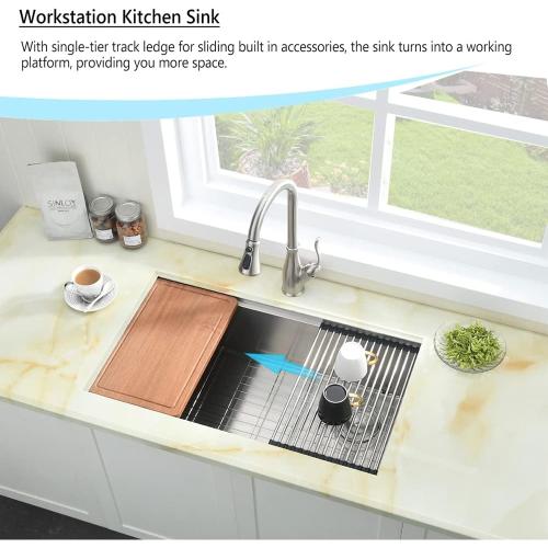 33 Inch Undermount Kitchen Sink, 33x19 Single Bowl Workstation 16 Gauge Stainless Steel Undermount Kitchen Sink with Offset Drain