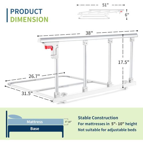 Bed Rails for Elderly Adults Safety, Folding Bedside Assist Rail Handle, Fall Prevention Safety Hand Guard Grab for Seniors & Surgery Patients, Fit King, Queen, Full, Twin(Tool-Free Assembly)